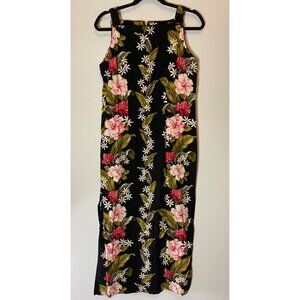 Young Hawaii Floral Sleeveless Midi Dress Black Pink & White Flowers Large